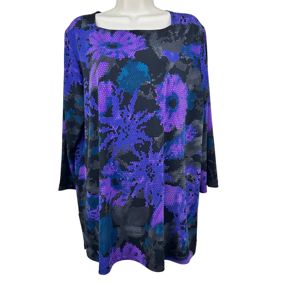 Clara Sun Woo Tunic Blouse Top Knit Floral Pixel Mosaic Purple XL Artsy Travel